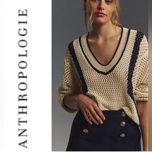 Anthropologie Cream and Navy Women's Sweater NWT
